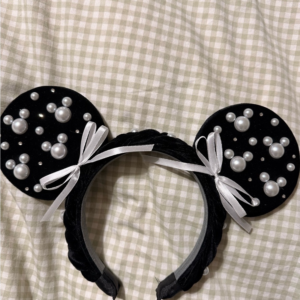 Disney Mickey Ears Black Pearl Embellished Headband with Bows